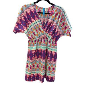 Buttons S Bohemian Geometric Print V Neck Smocked Waist Mini Dress 80s Retro